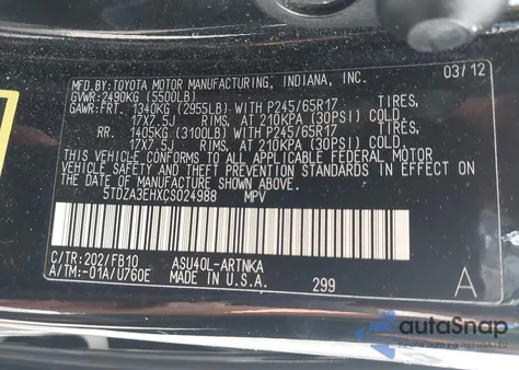 2012 Toyota Highlander z USA, uszkodzony, nr VIN 5TDZA3EHXCS024988